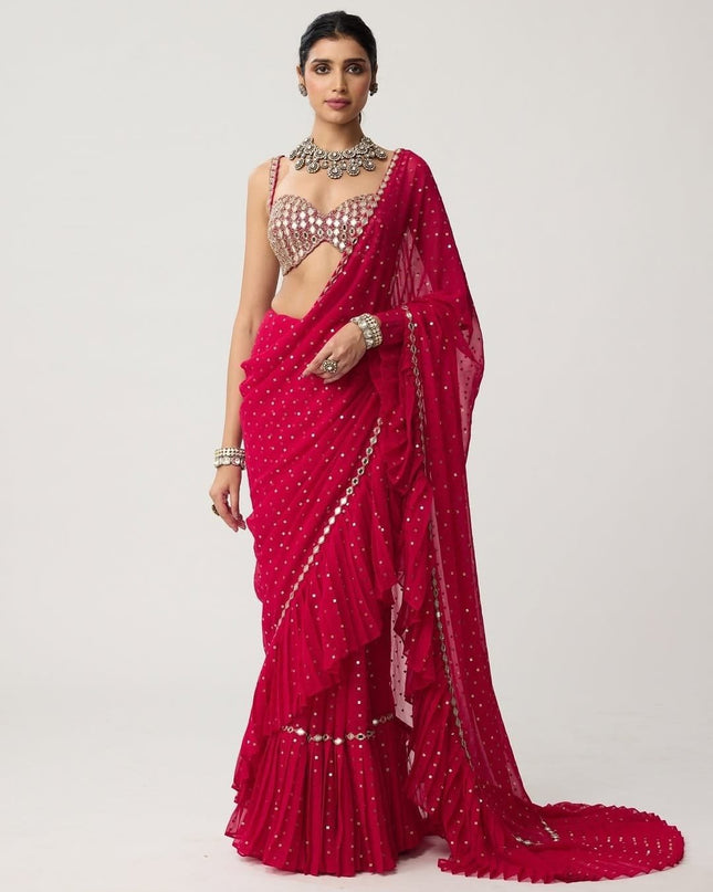 Bollywood Sequins Crush Pleated Faux Georgette Red Saree with Embroidered Blouse - Rosepetals Luxe