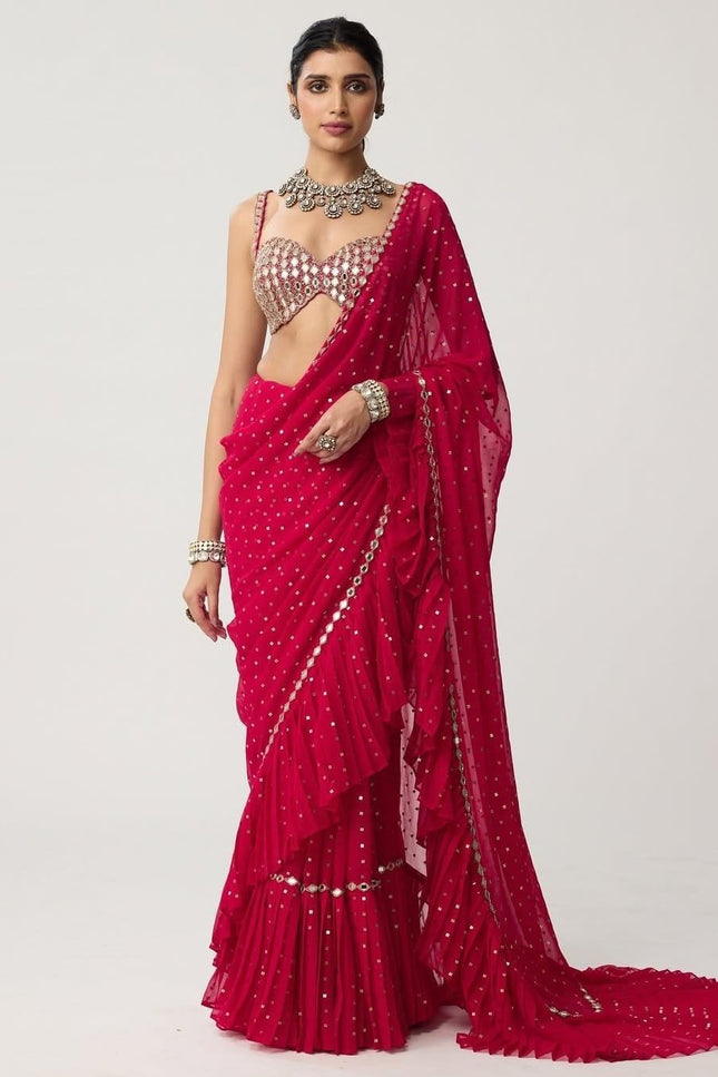 Bollywood Sequins Crush Pleated Faux Georgette Red Saree with Embroidered Blouse - Rosepetals Luxe