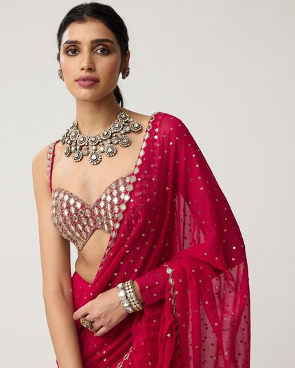 Bollywood Sequins Crush Pleated Faux Georgette Red Saree with Embroidered Blouse - Rosepetals Luxe