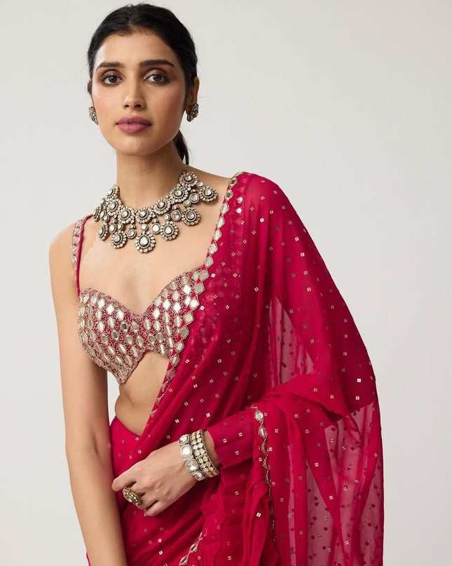 Bollywood Sequins Crush Pleated Faux Georgette Red Saree with Embroidered Blouse - Rosepetals Luxe