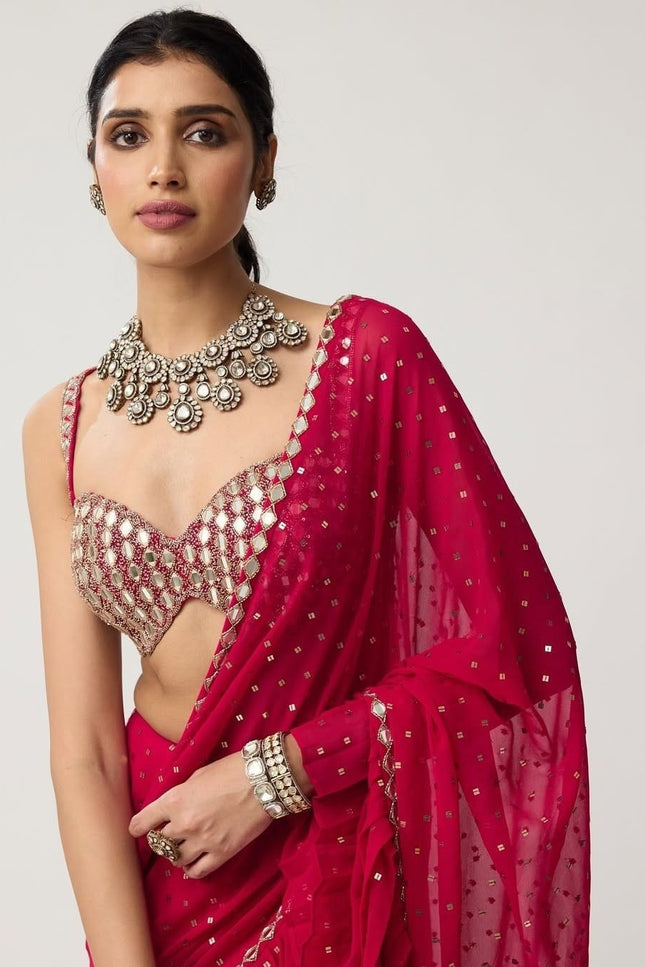 Bollywood Sequins Crush Pleated Faux Georgette Red Saree with Embroidered Blouse - Rosepetals Luxe