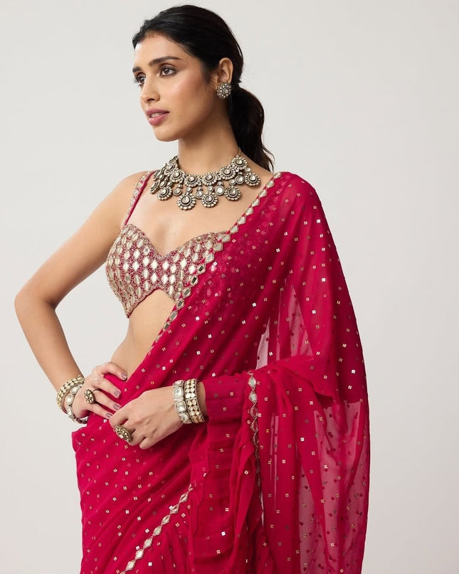 Bollywood Sequins Crush Pleated Faux Georgette Red Saree with Embroidered Blouse - Rosepetals Luxe