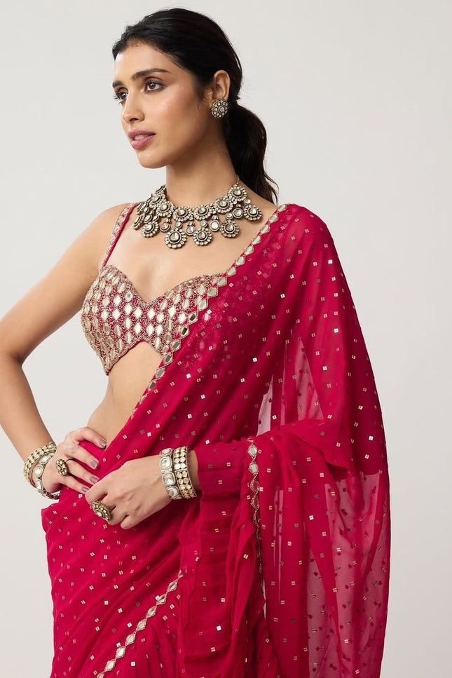 Bollywood Sequins Crush Pleated Faux Georgette Red Saree with Embroidered Blouse - Rosepetals Luxe