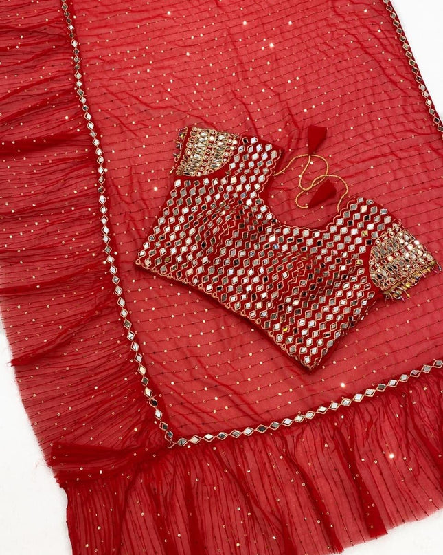 Bollywood Sequins Crush Pleated Faux Georgette Red Saree with Embroidered Blouse - Rosepetals Luxe