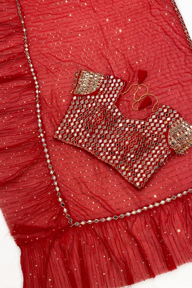 Bollywood Sequins Crush Pleated Faux Georgette Red Saree with Embroidered Blouse - Rosepetals Luxe