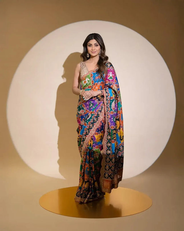 Bollywood Sequins Georgette Saree | Digital Patola Print - Rosepetals Luxe
