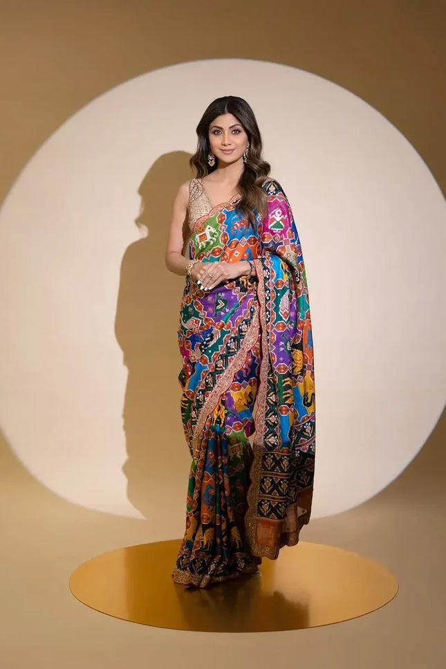 Bollywood Sequins Georgette Saree | Digital Patola Print - Rosepetals Luxe