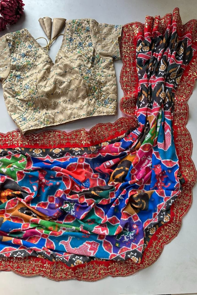 Bollywood Sequins Georgette Saree | Digital Patola Print - Rosepetals Luxe