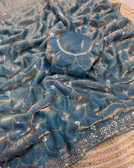 Bollywood Style Fendy Satin Saree with Sequins Brits Work & Designer Blouse - Rosepetals Luxe