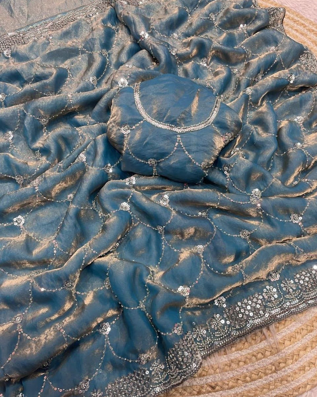 Bollywood Style Fendy Satin Saree with Sequins Brits Work & Designer Blouse - Rosepetals Luxe