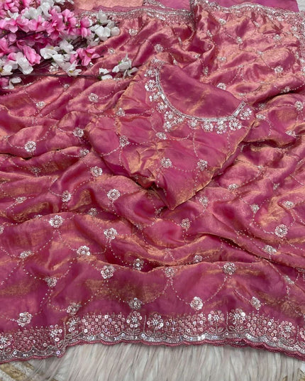 Bollywood Style Fendy Satin Saree with Sequins Brits Work & Designer Blouse - Rosepetals Luxe