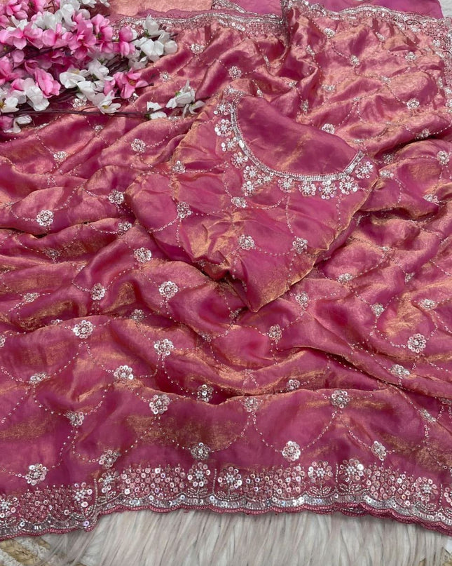 Bollywood Style Fendy Satin Saree with Sequins Brits Work & Designer Blouse - Rosepetals Luxe
