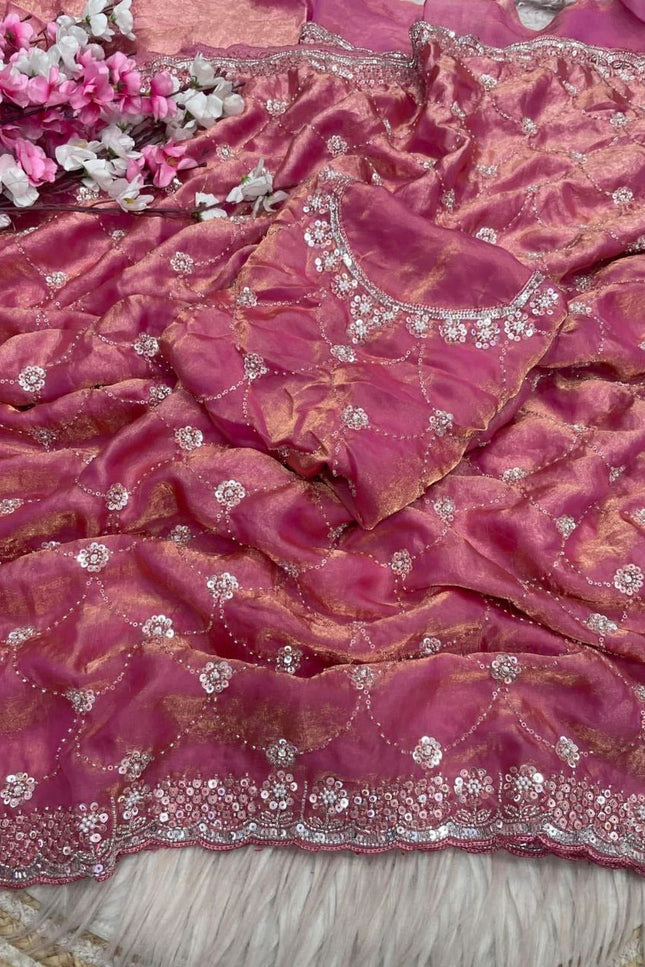 Bollywood Style Fendy Satin Saree with Sequins Brits Work & Designer Blouse - Rosepetals Luxe