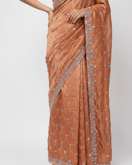 Bollywood Style Fendy Satin Saree with Sequins Brits Work & Designer Blouse - Rosepetals Luxe