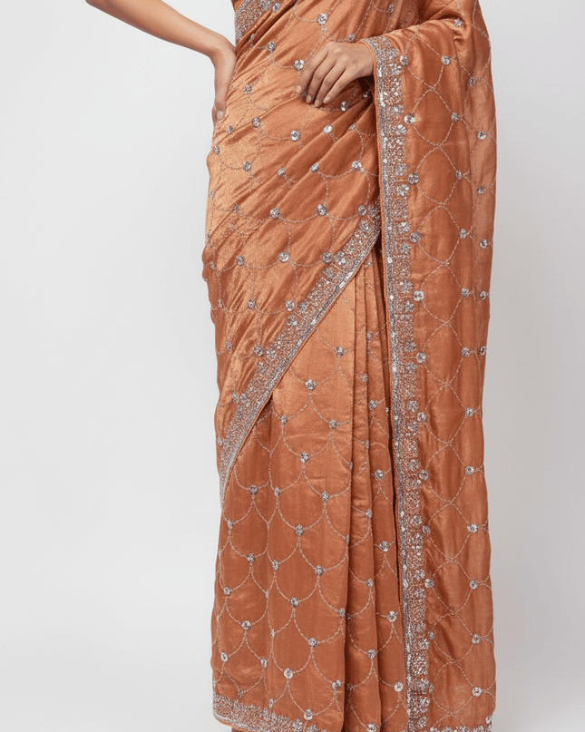 Bollywood Style Fendy Satin Saree with Sequins Brits Work & Designer Blouse - Rosepetals Luxe