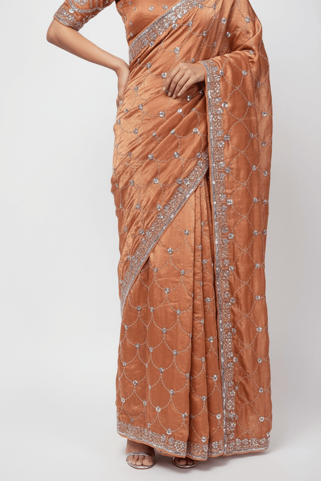 Bollywood Style Fendy Satin Saree with Sequins Brits Work & Designer Blouse - Rosepetals Luxe