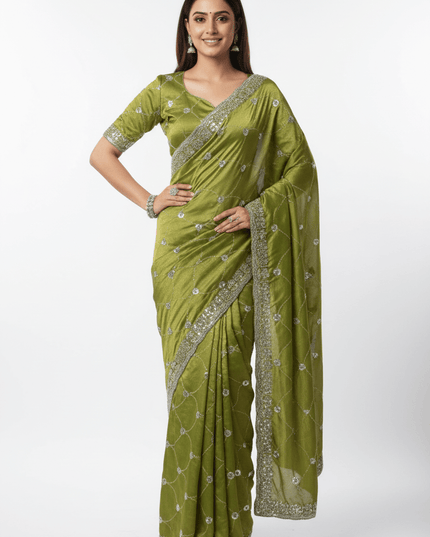 Bollywood Style Fendy Satin Saree with Sequins Brits Work & Designer Blouse - Rosepetals Luxe