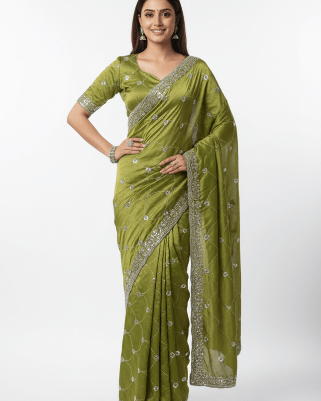 Bollywood Style Fendy Satin Saree with Sequins Brits Work & Designer Blouse - Rosepetals Luxe