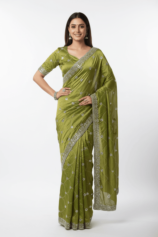 Bollywood Style Fendy Satin Saree with Sequins Brits Work & Designer Blouse - Rosepetals Luxe