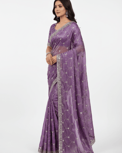 Bollywood Style Fendy Satin Saree with Sequins Brits Work & Designer Blouse - Rosepetals Luxe