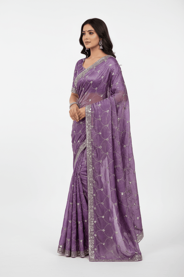 Bollywood Style Fendy Satin Saree with Sequins Brits Work & Designer Blouse - Rosepetals Luxe