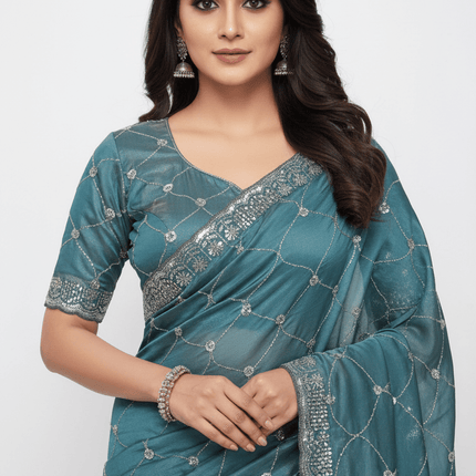 Bollywood Style Fendy Satin Saree with Sequins Brits Work & Designer Blouse - Rosepetals Luxe