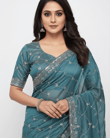 Bollywood Style Fendy Satin Saree with Sequins Brits Work & Designer Blouse - Rosepetals Luxe