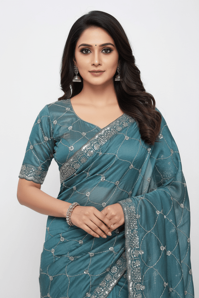 Bollywood Style Fendy Satin Saree with Sequins Brits Work & Designer Blouse - Rosepetals Luxe