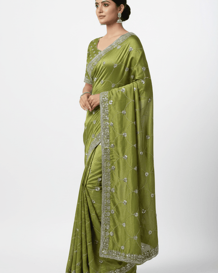 Bollywood Style Fendy Satin Saree with Sequins Brits Work & Designer Blouse - Rosepetals Luxe