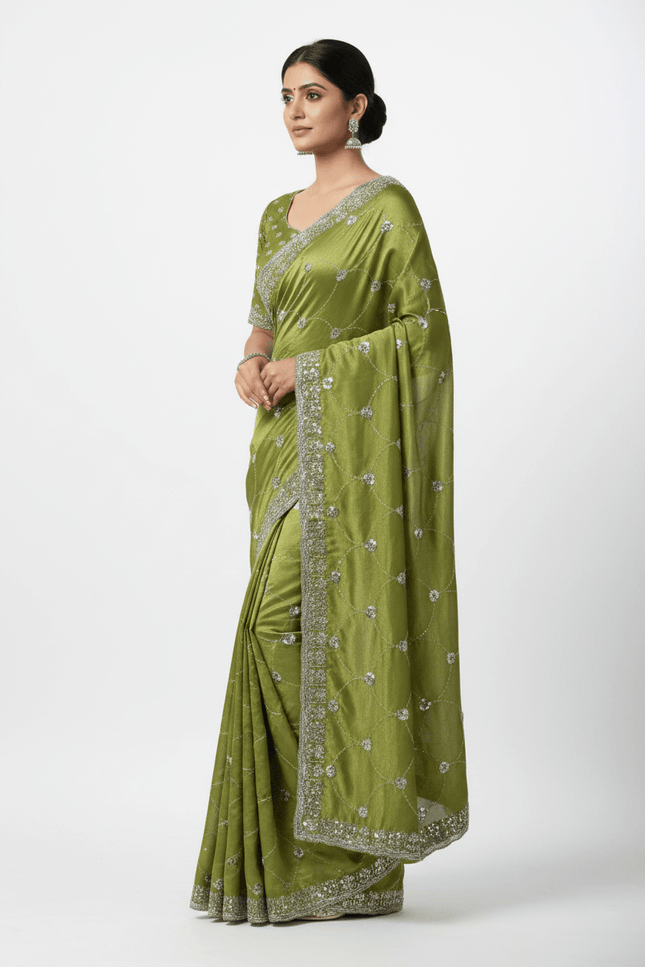 Bollywood Style Fendy Satin Saree with Sequins Brits Work & Designer Blouse - Rosepetals Luxe