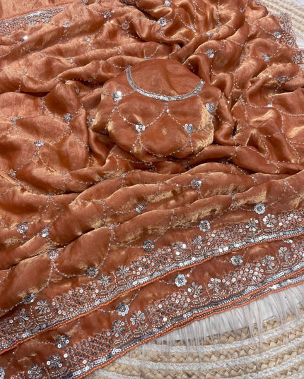 Bollywood Style Fendy Satin Saree with Sequins Brits Work & Designer Blouse - Rosepetals Luxe