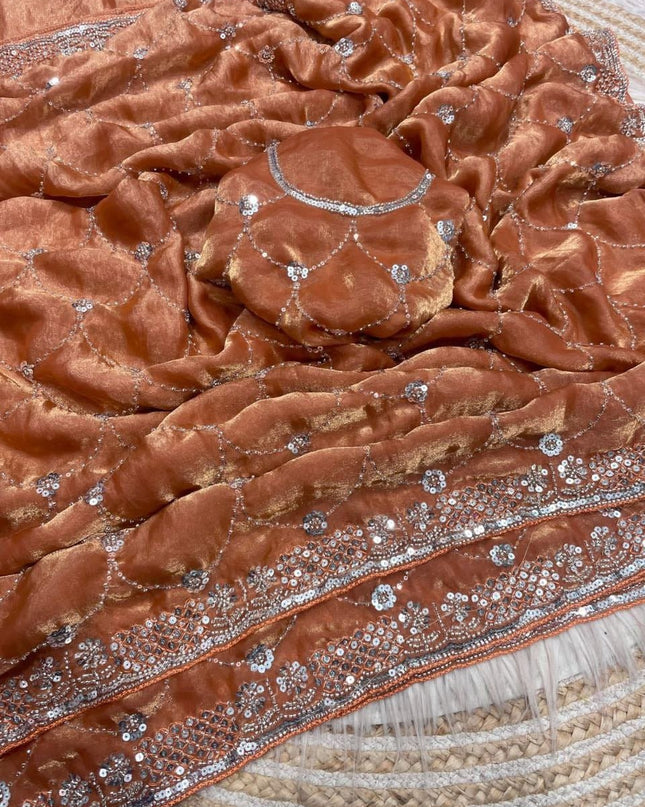 Bollywood Style Fendy Satin Saree with Sequins Brits Work & Designer Blouse - Rosepetals Luxe