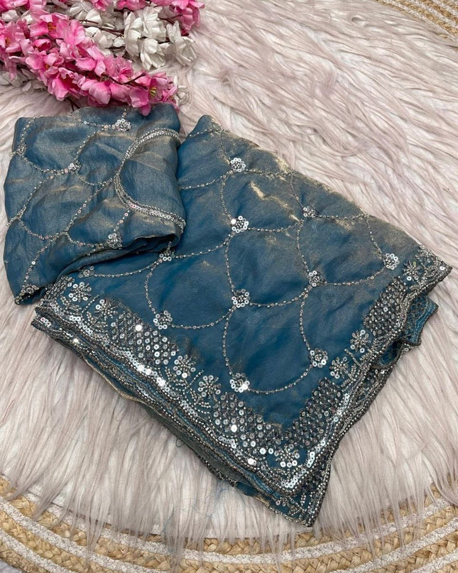 Bollywood Style Fendy Satin Saree with Sequins Brits Work & Designer Blouse - Rosepetals Luxe