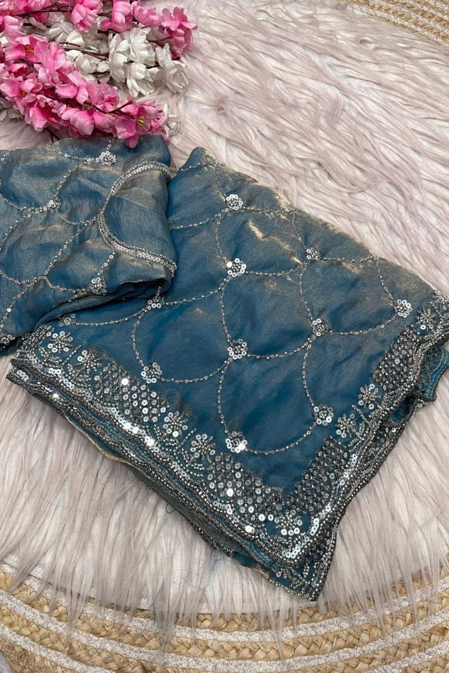 Bollywood Style Fendy Satin Saree with Sequins Brits Work & Designer Blouse - Rosepetals Luxe