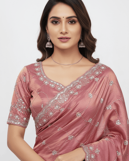 Bollywood Style Fendy Satin Saree with Sequins Brits Work & Designer Blouse - Rosepetals Luxe