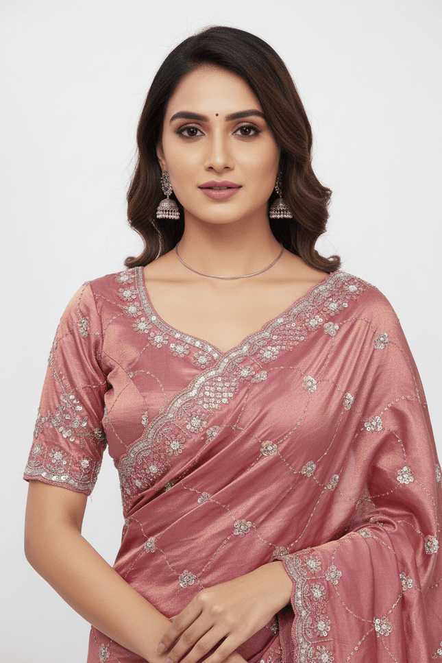 Bollywood Style Fendy Satin Saree with Sequins Brits Work & Designer Blouse - Rosepetals Luxe
