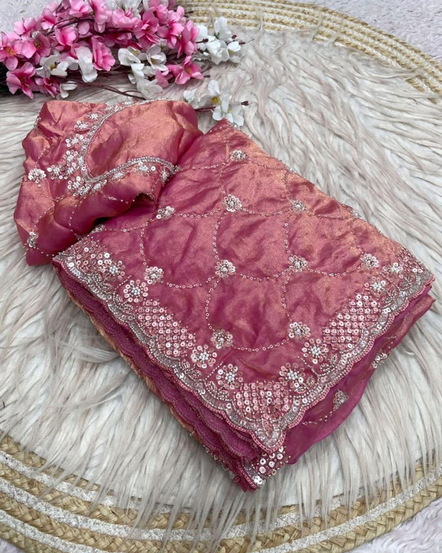 Bollywood Style Fendy Satin Saree with Sequins Brits Work & Designer Blouse - Rosepetals Luxe