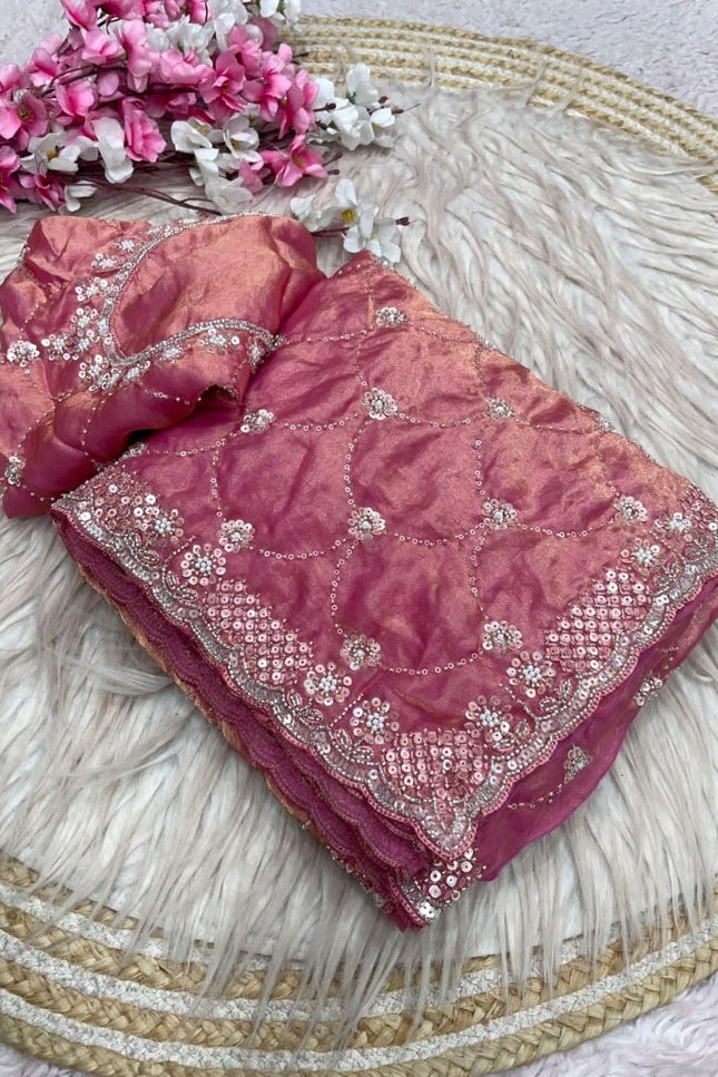 Bollywood Style Fendy Satin Saree with Sequins Brits Work & Designer Blouse - Rosepetals Luxe
