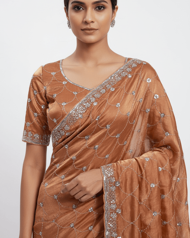 Bollywood Style Fendy Satin Saree with Sequins Brits Work & Designer Blouse - Rosepetals Luxe