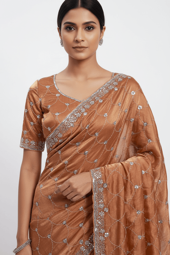 Bollywood Style Fendy Satin Saree with Sequins Brits Work & Designer Blouse - Rosepetals Luxe