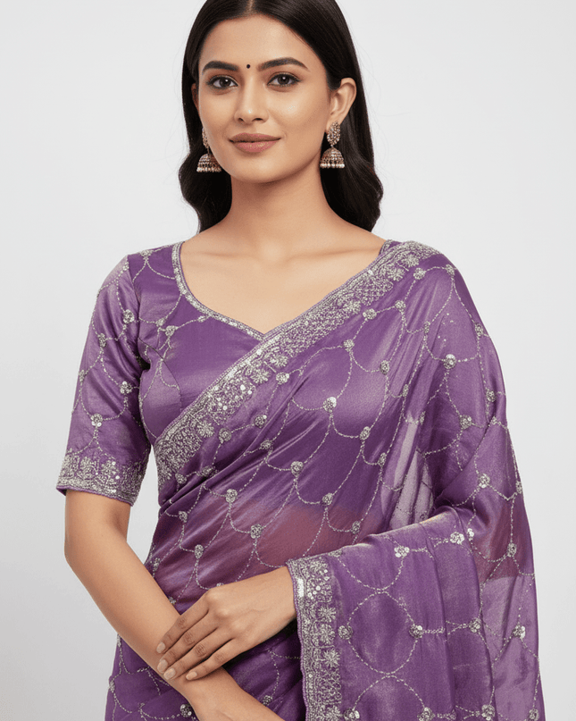 Bollywood Style Fendy Satin Saree with Sequins Brits Work & Designer Blouse - Rosepetals Luxe