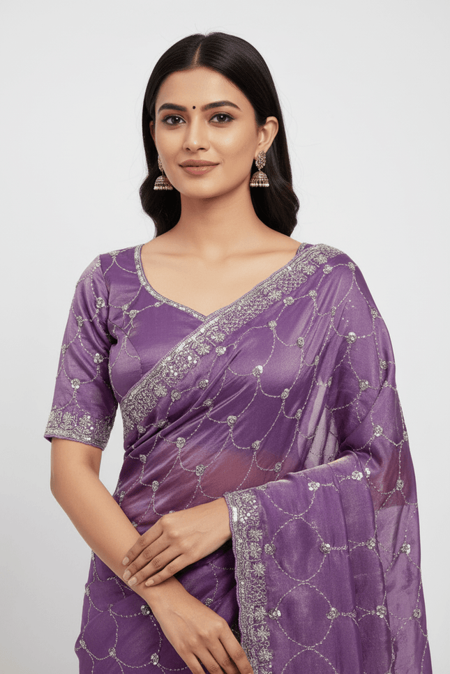 Bollywood Style Fendy Satin Saree with Sequins Brits Work & Designer Blouse - Rosepetals Luxe