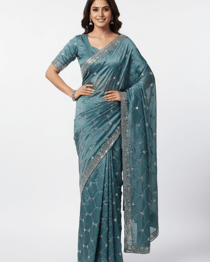 Bollywood Style Fendy Satin Saree with Sequins Brits Work & Designer Blouse - Rosepetals Luxe