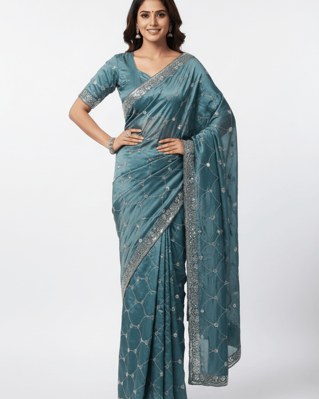 Bollywood Style Fendy Satin Saree with Sequins Brits Work & Designer Blouse - Rosepetals Luxe