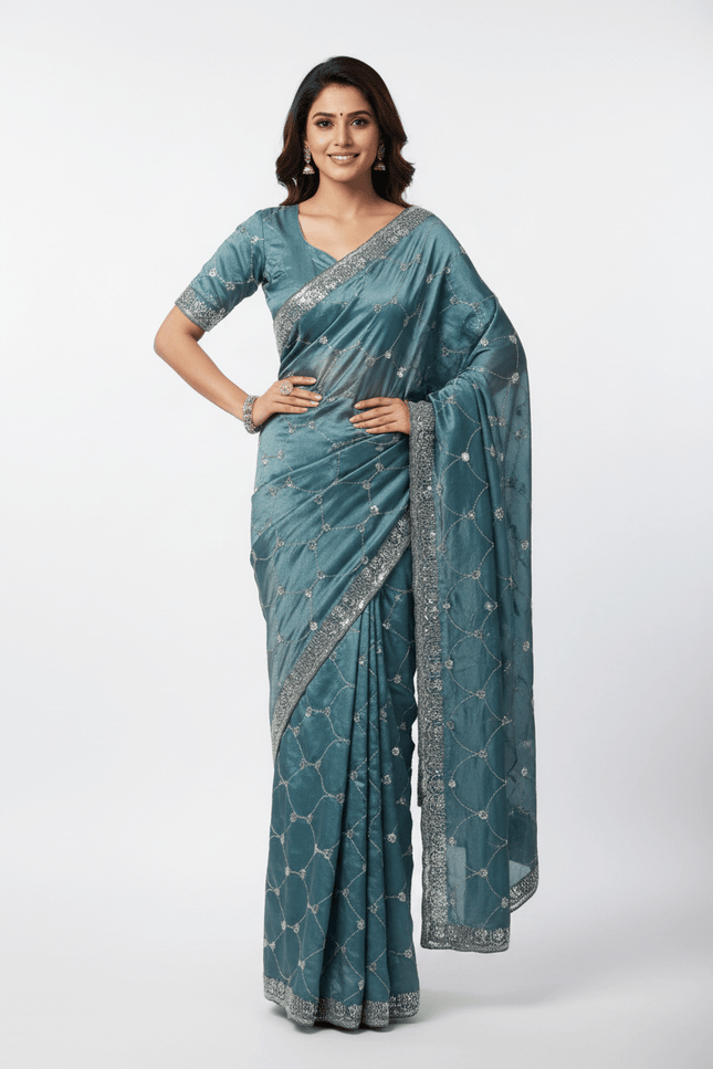 Bollywood Style Fendy Satin Saree with Sequins Brits Work & Designer Blouse - Rosepetals Luxe
