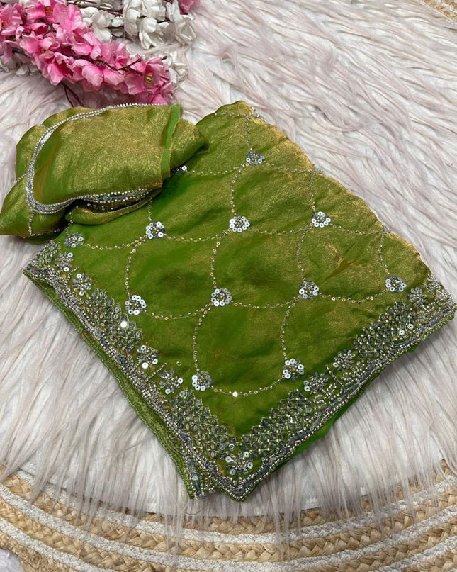 Bollywood Style Fendy Satin Saree with Sequins Brits Work & Designer Blouse - Rosepetals Luxe