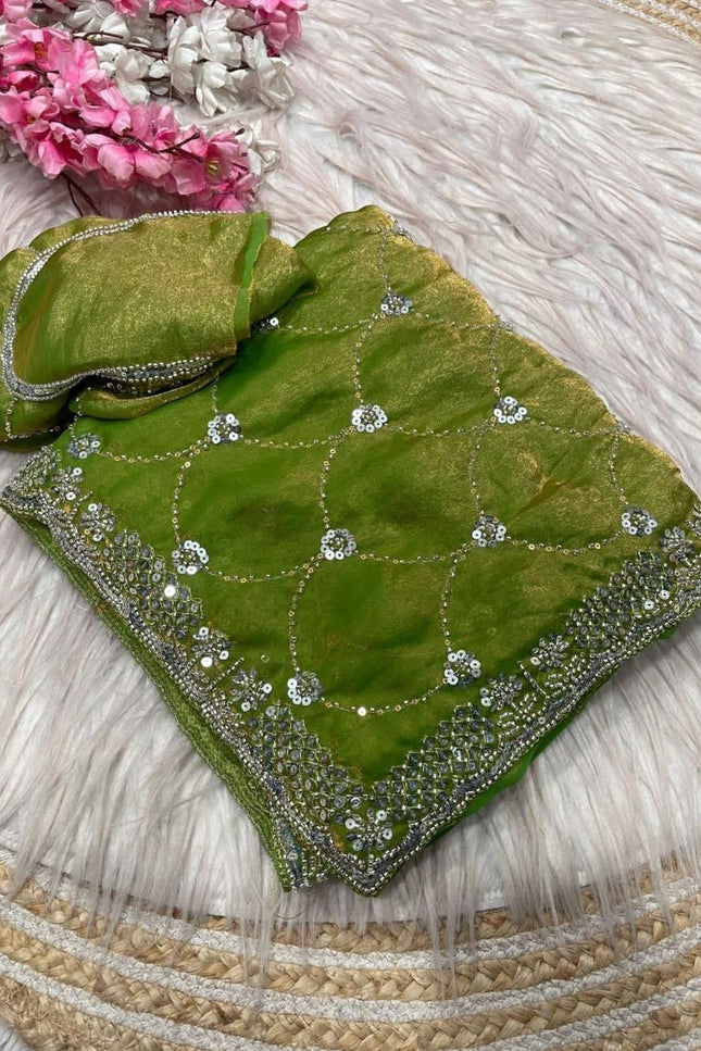 Bollywood Style Fendy Satin Saree with Sequins Brits Work & Designer Blouse - Rosepetals Luxe