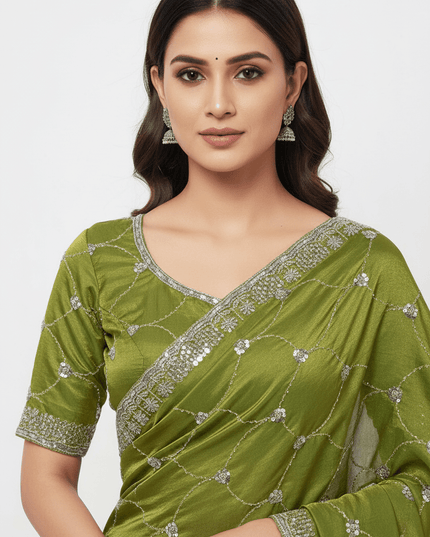 Bollywood Style Fendy Satin Saree with Sequins Brits Work & Designer Blouse - Rosepetals Luxe