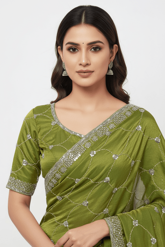 Bollywood Style Fendy Satin Saree with Sequins Brits Work & Designer Blouse - Rosepetals Luxe