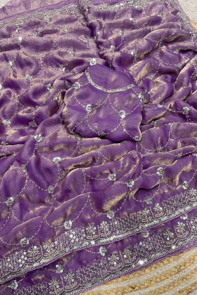 Bollywood Style Fendy Satin Saree with Sequins Brits Work & Designer Blouse - Rosepetals Luxe